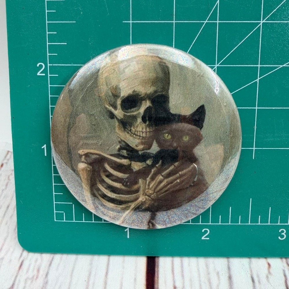 Handmade Skeleton Holding Black Cat Magnet Gothic Halloween Decor 2.25 Inch